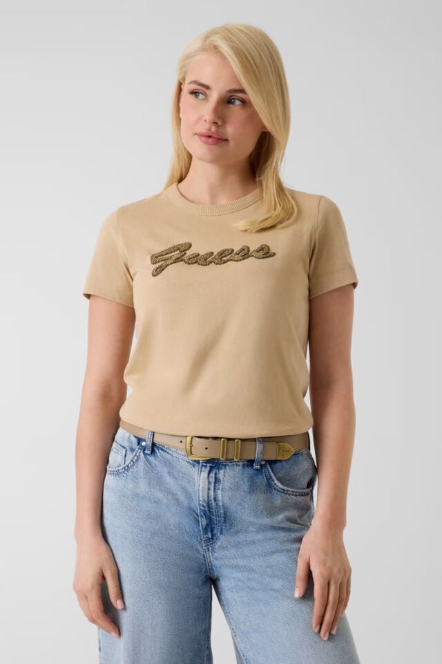 Guess Boncuklu Logo Tişörtü Bej