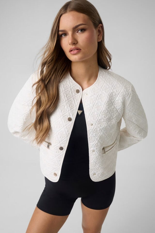 Guess Logo İşlemeli Kapitone Ceket Beyaz
