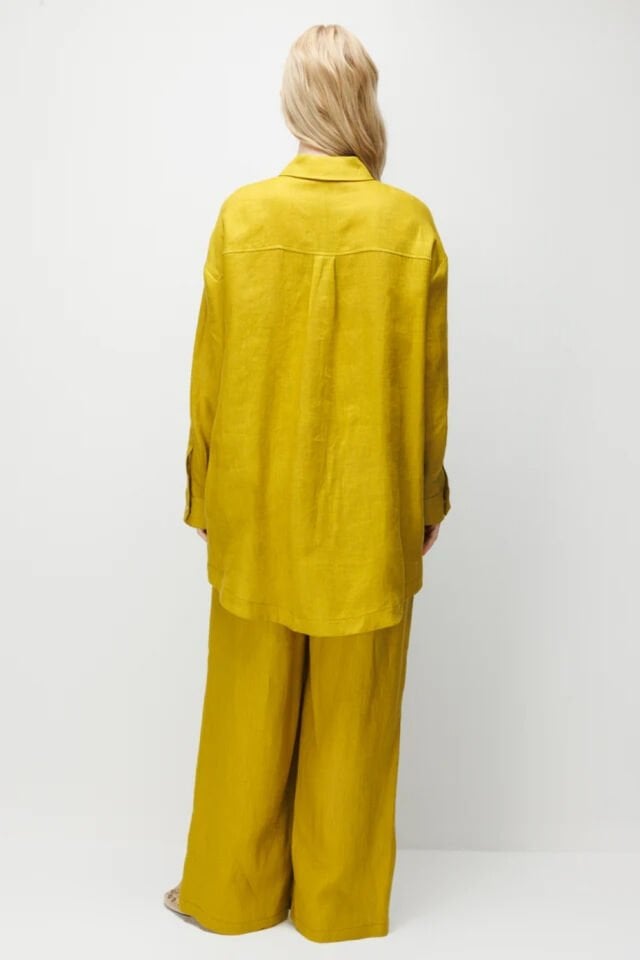 Ghisa Taş Detaylı Keten Takım Yağ Yeşili