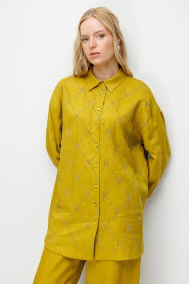 Ghisa Taş Detaylı Keten Takım Yağ Yeşili