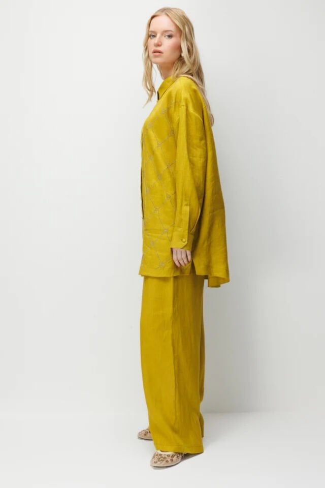 Ghisa Taş Detaylı Keten Takım Yağ Yeşili