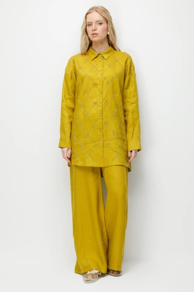 Ghisa Taş Detaylı Keten Takım Yağ Yeşili