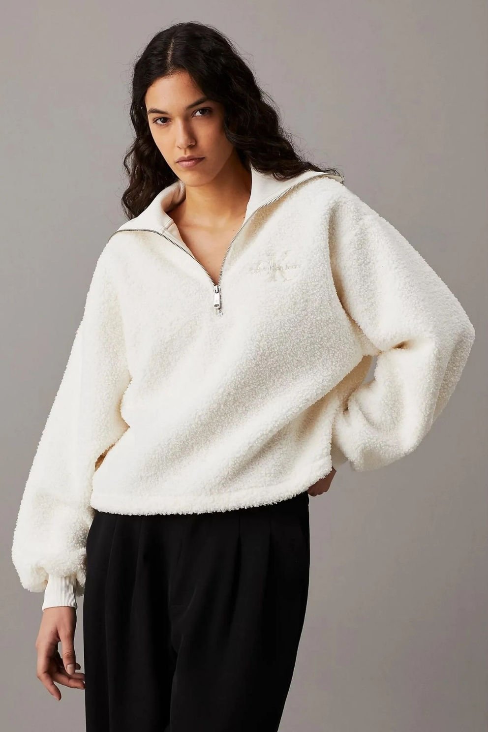Calvin Klein Terry Fermuarlı Sweatshirt Beyaz