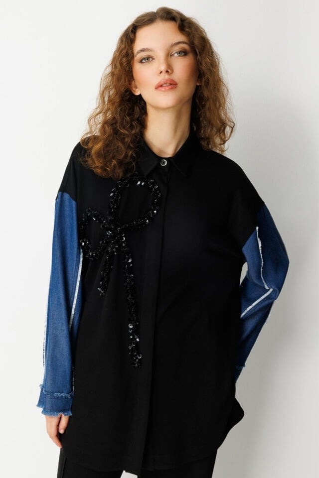 Ghisa Payetli Fiyonk Detaylı Takım Siyah