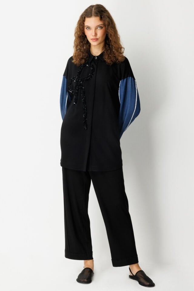 Ghisa Payetli Fiyonk Detaylı Takım Siyah