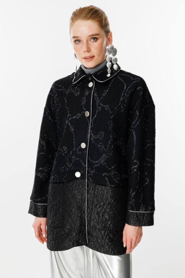 Ghisa Kapitone Kumaş Mixli Ceket Siyah