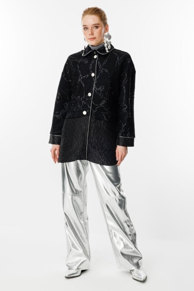 Ghisa Kapitone Kumaş Mixli Ceket Siyah