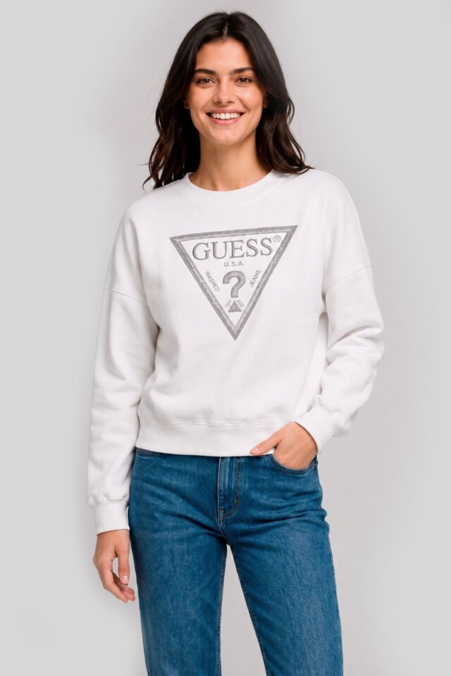 Guess Simli Üçgen Beyaz Sweatshirt
