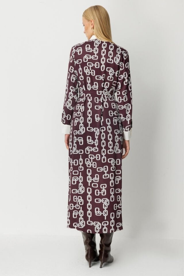 Ghisa Beli Kuşaklı Zincir Detaylı Elbise Bordo