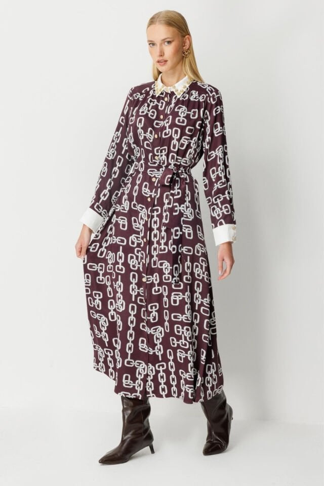 Ghisa Beli Kuşaklı Zincir Detaylı Elbise Bordo