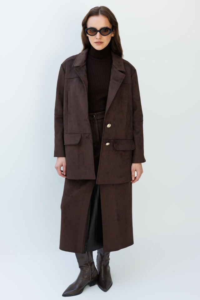 Ghisa Kapalı Pilili Yırtmaç Etek Kahve