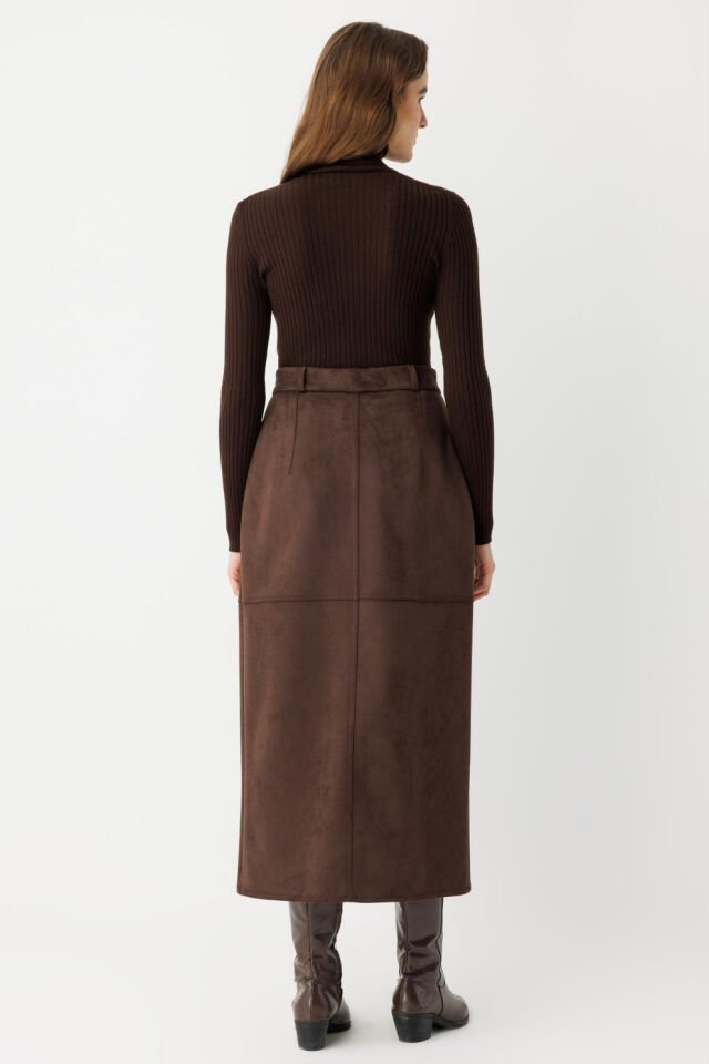 Ghisa Kapalı Pilili Yırtmaç Etek Kahve