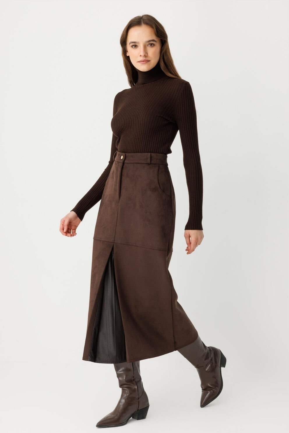 Ghisa Kapalı Pilili Yırtmaç Etek Kahve