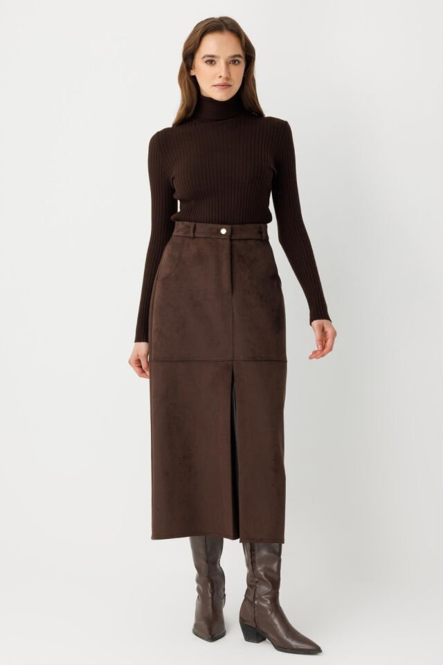 Ghisa Kapalı Pilili Yırtmaç Etek Kahve