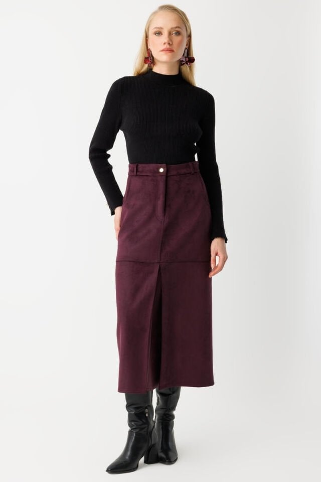 Ghisa Kapalı Pilili Yırtmaç Etek Mürdüm