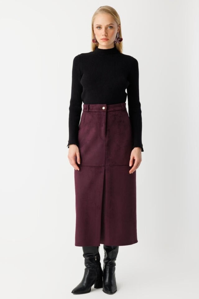 Ghisa Kapalı Pilili Yırtmaç Etek Mürdüm