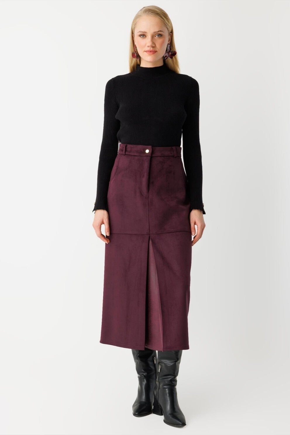 Ghisa Kapalı Pilili Yırtmaç Etek Mürdüm