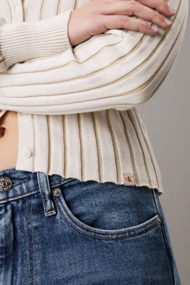 Calvin Klein İnce Kaplamalı Pamuklu Hırka Fildişi