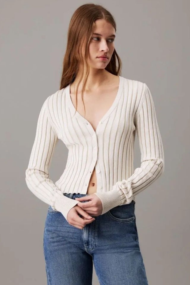 Calvin Klein İnce Kaplamalı Pamuklu Hırka Fildişi