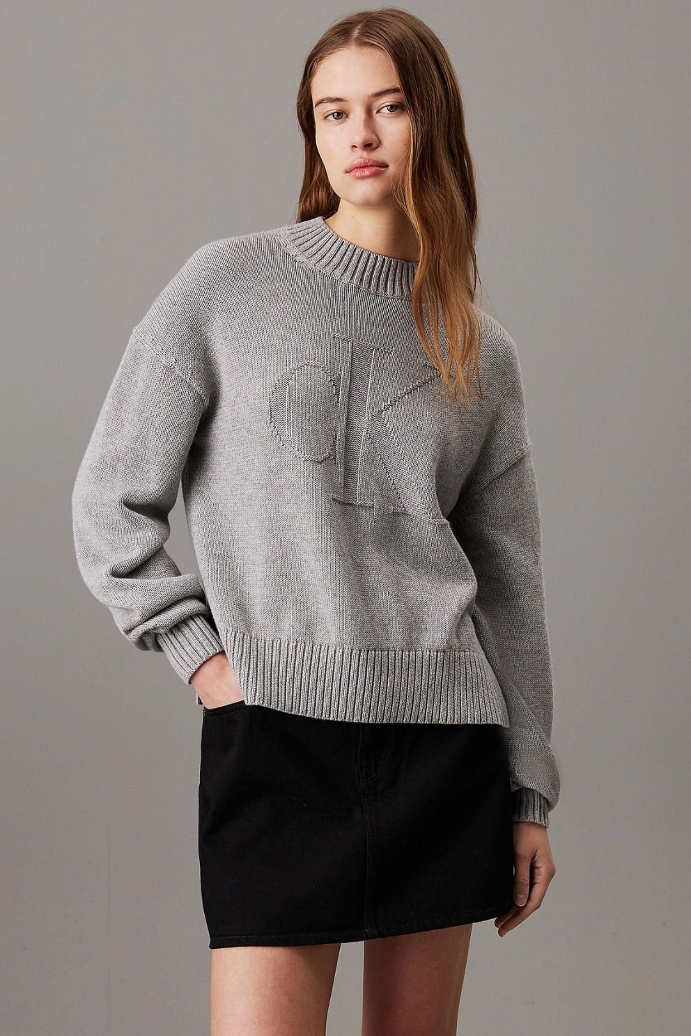 Calvin Klein Pamuk Yün Monogram Kazak Gri