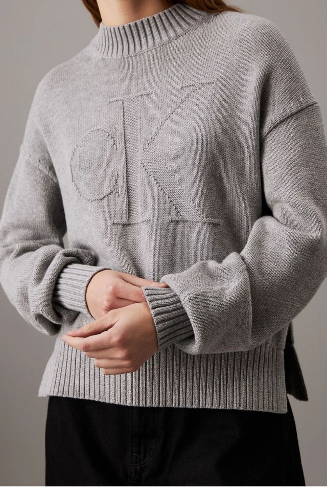 Calvin Klein Pamuk Yün Monogram Kazak Gri