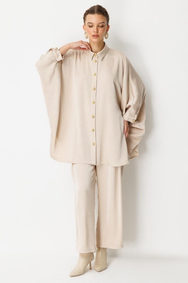 Ghisa Yarasa Kol Saten Takım Bej