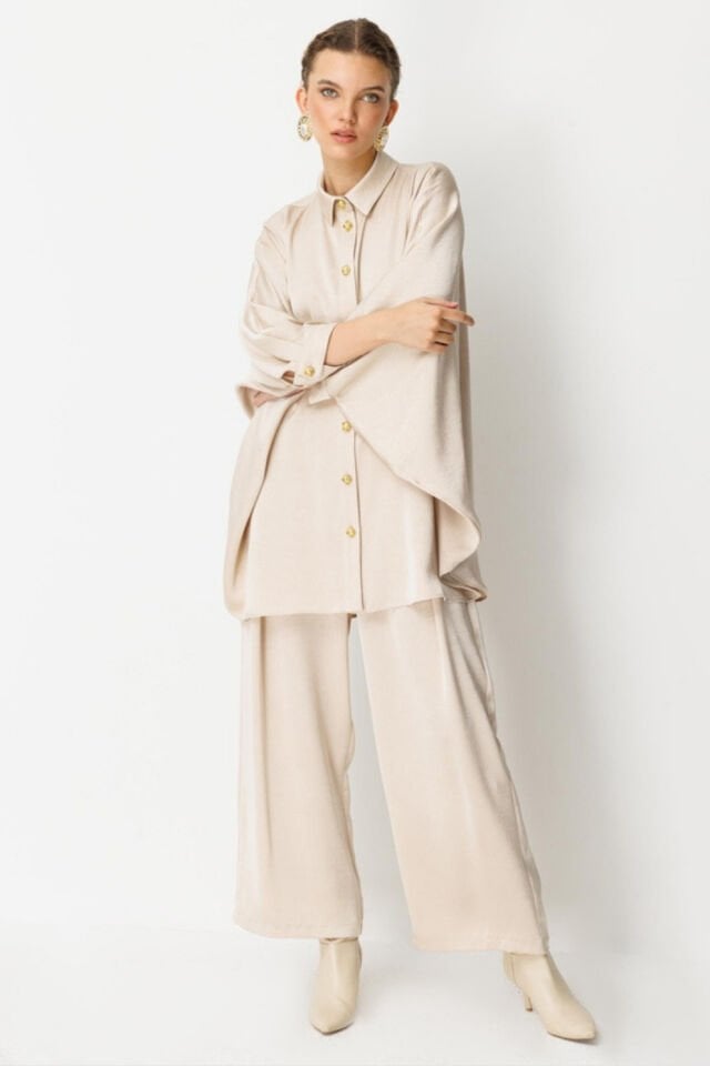 Ghisa Yarasa Kol Saten Takım Bej