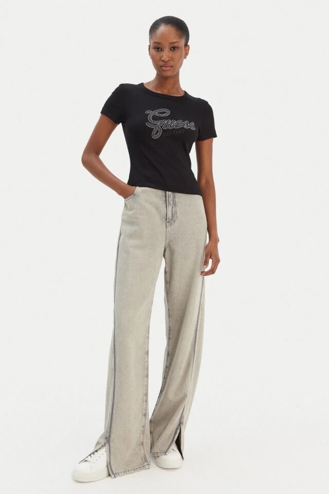 Guess  Logolu Taşlı Tişört Siyah