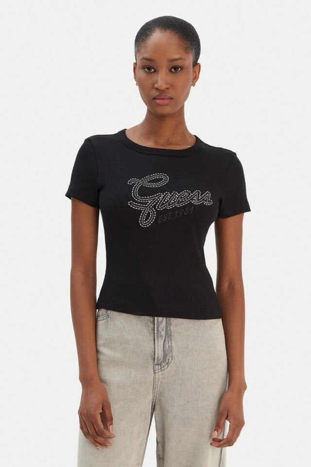 Guess  Logolu Taşlı Tişört Siyah