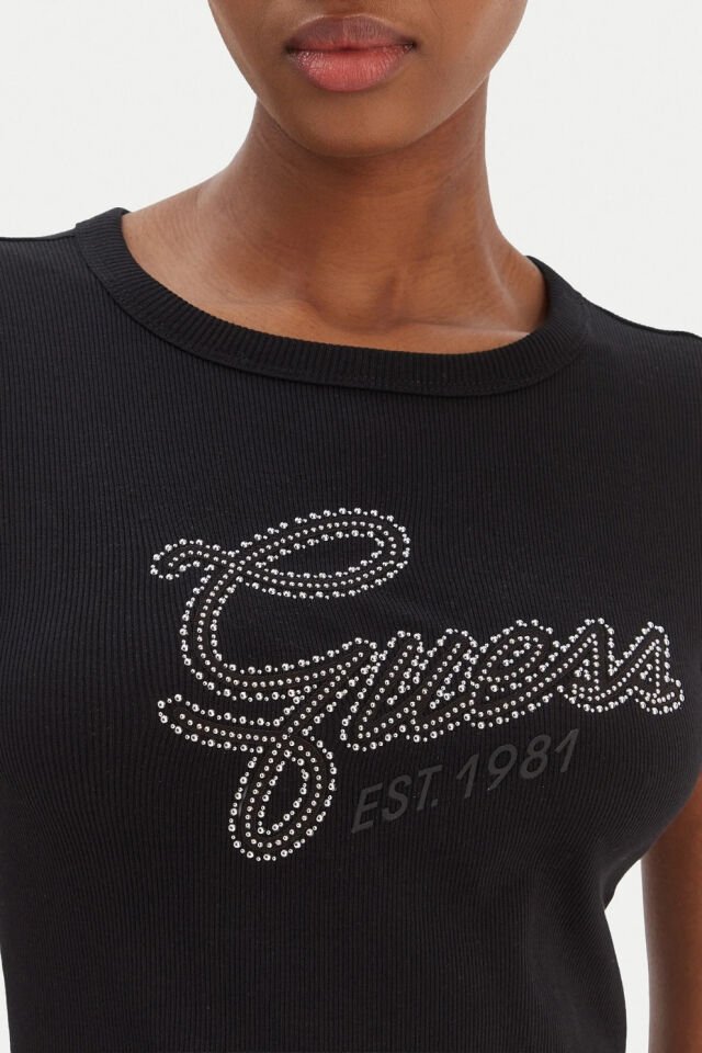 Guess  Logolu Taşlı Tişört Siyah