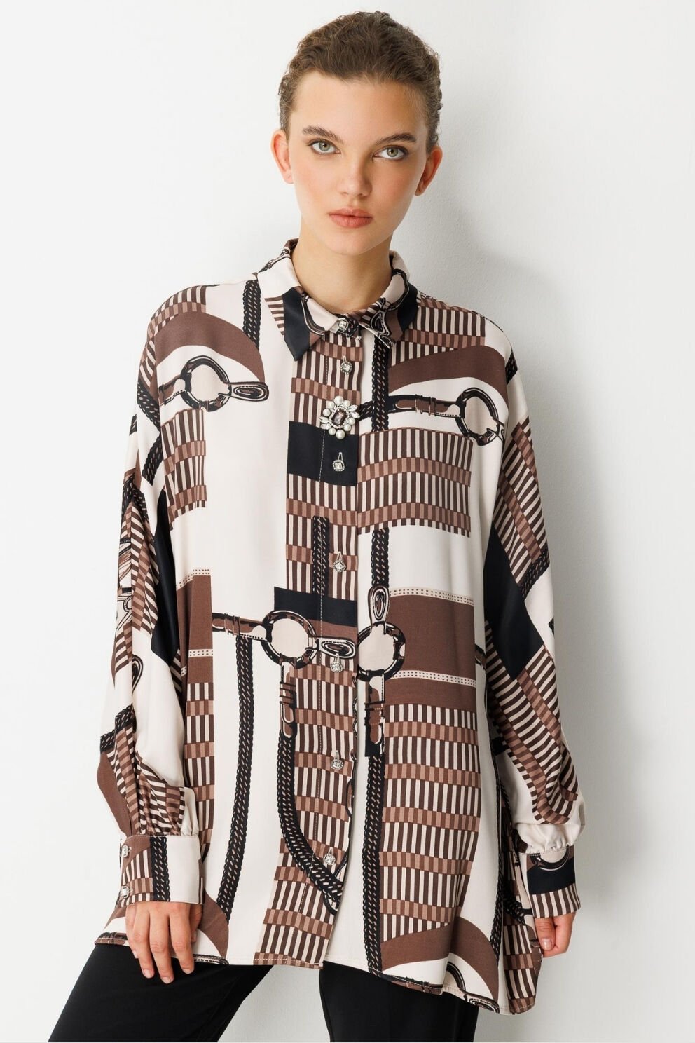 Ghisa Broş Detaylı Tunik Kahve Pano Desenli