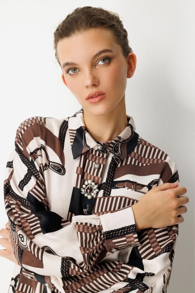 Ghisa Broş Detaylı Tunik Kahve Pano Desenli