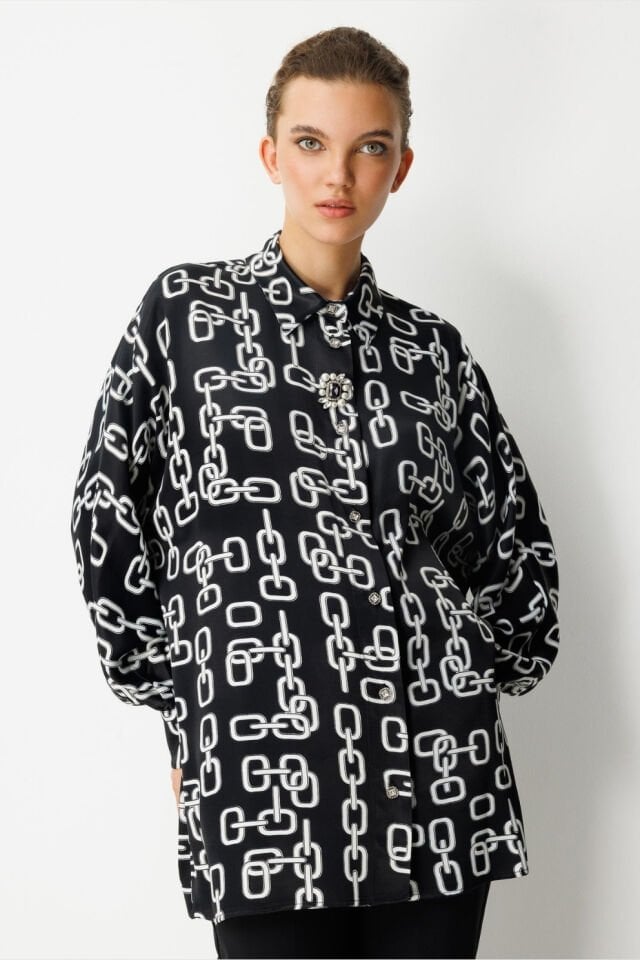 Ghisa Broş Detaylı Tunik Siyah Zincir Desenli