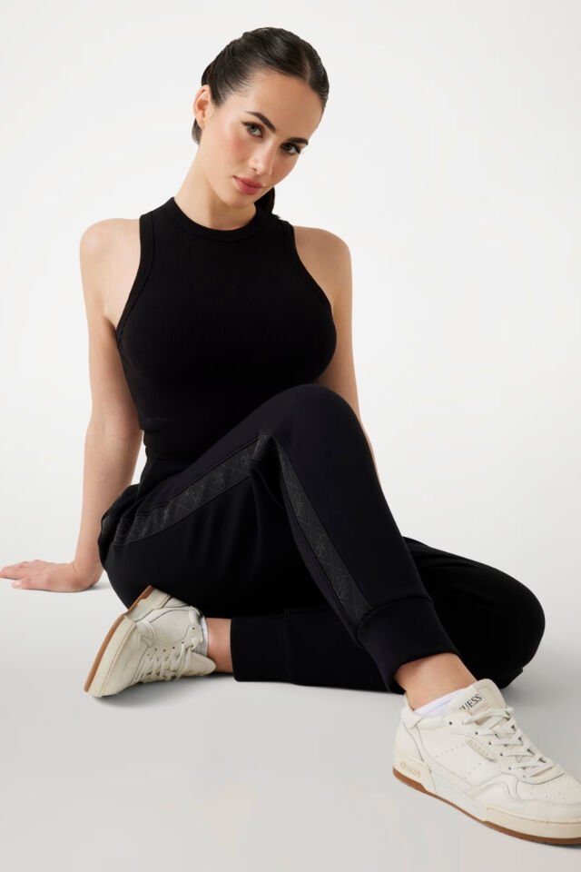 Guess Logo Bantlı Tüplü Koşu Pantolonları Siyah