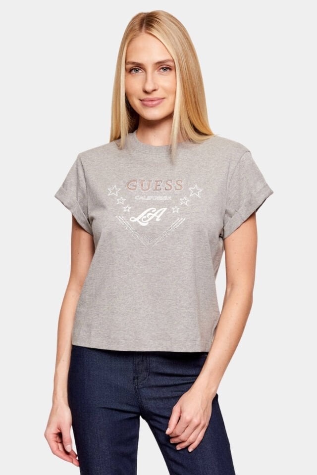 Guess Jersey Pamuklu Taş Detaylı Regular Fit Bisiklet Yaka Tişört Gri