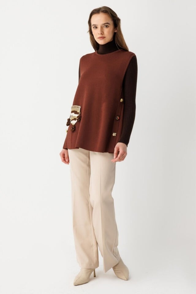 Ghisa Etnik Cep Detaylı Triko Yelek Kahve