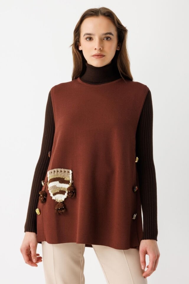 Ghisa Etnik Cep Detaylı Triko Yelek Kahve