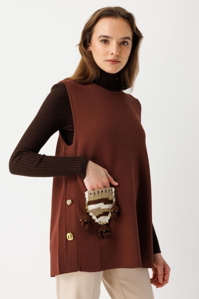 Ghisa Etnik Cep Detaylı Triko Yelek Kahve