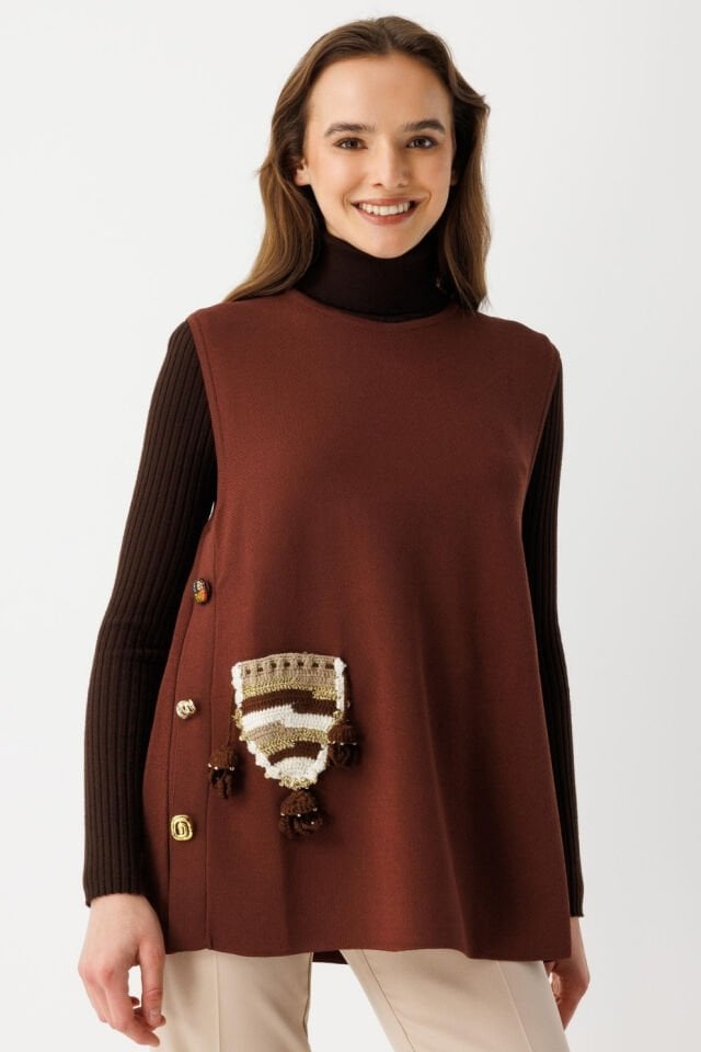 Ghisa Etnik Cep Detaylı Triko Yelek Kahve