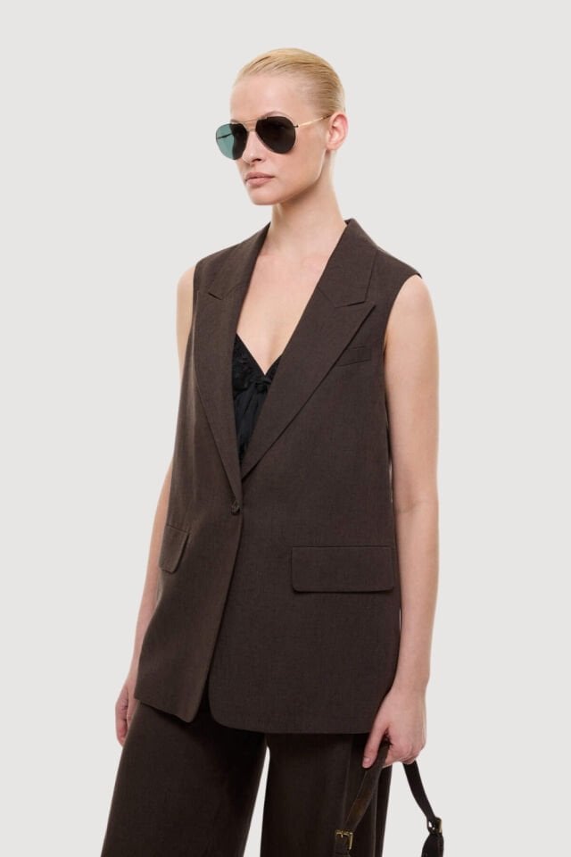 Roman Tek Düğmeli Erkek Yaka Yelek Kahve