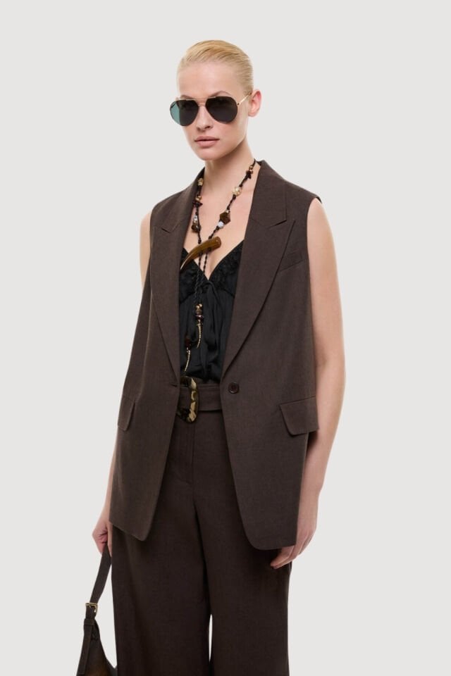 Roman Tek Düğmeli Erkek Yaka Yelek Kahve