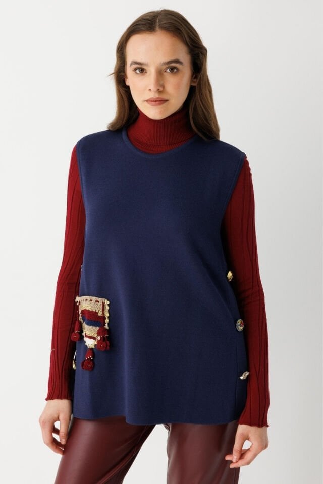 Ghisa Etnik Cep Detaylı Triko Yelek Lacivert