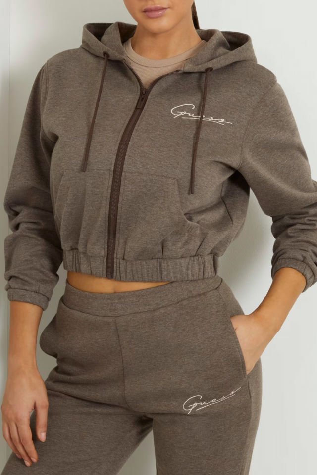 Guess Kapüşonlu Fermuarlı Sweatshirt Kahverengi