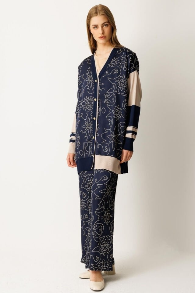 Ghisa Triko Kumaş Mixli Saten Takım Lacivert