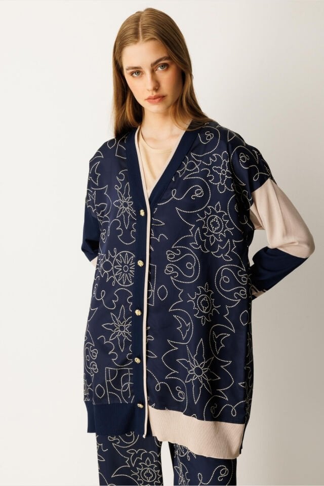 Ghisa Triko Kumaş Mixli Saten Takım Lacivert