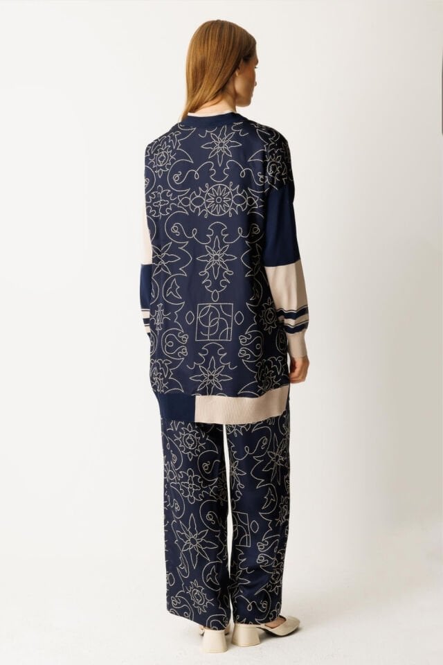 Ghisa Triko Kumaş Mixli Saten Takım Lacivert