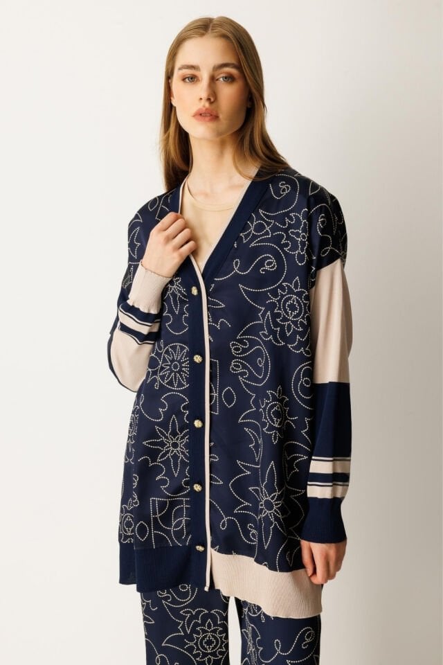 Ghisa Triko Kumaş Mixli Saten Takım Lacivert