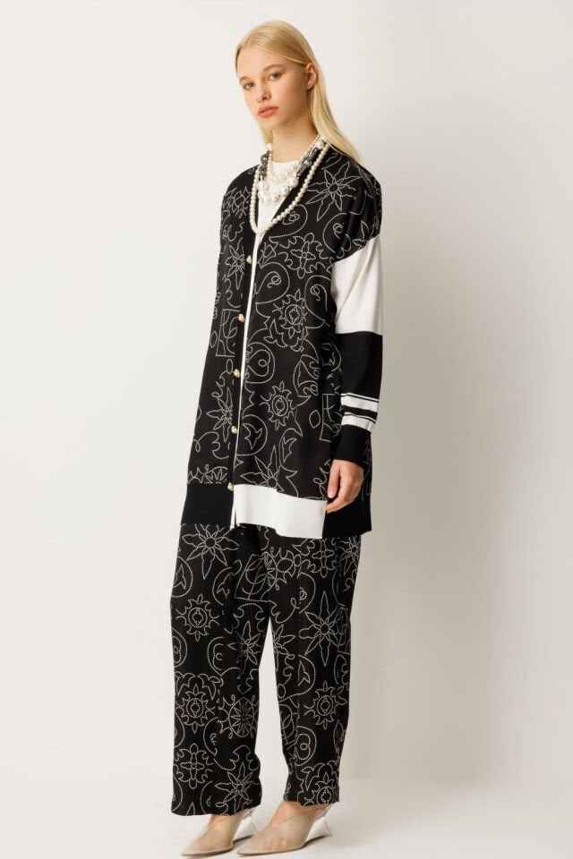 Ghisa Triko Kumaş Mixli Saten Takım Siyah