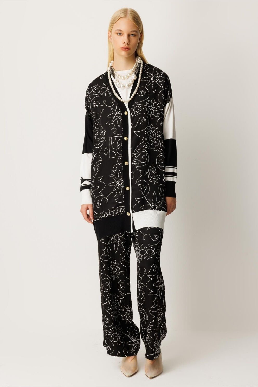 Ghisa Triko Kumaş Mixli Saten Takım Siyah