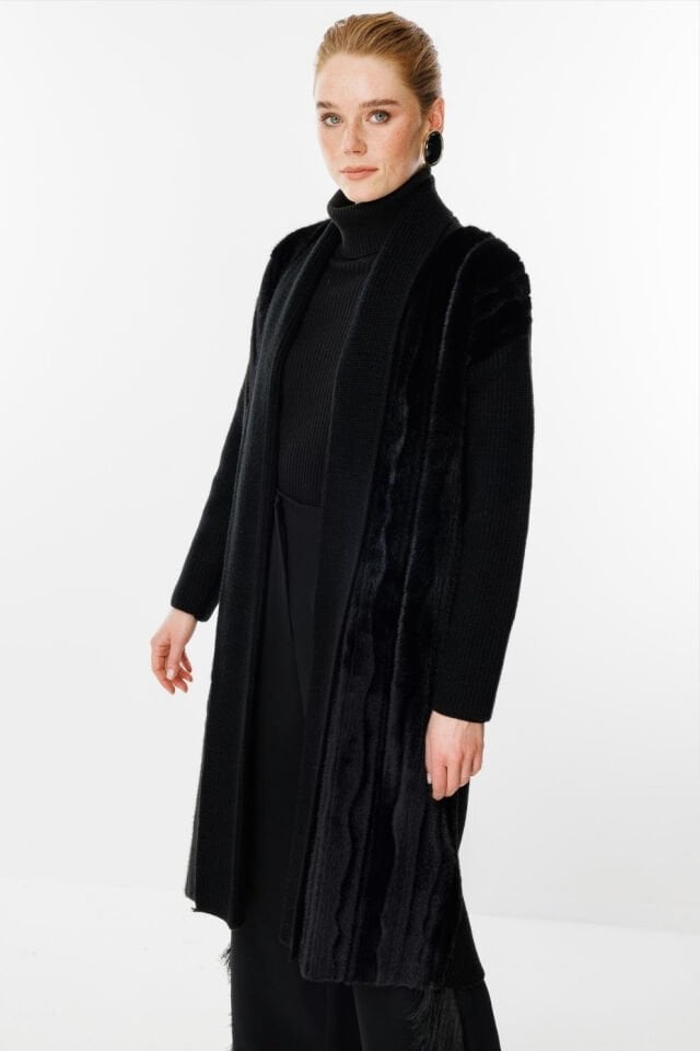 Ghisa Kürk Detaylı Triko Hırka Siyah